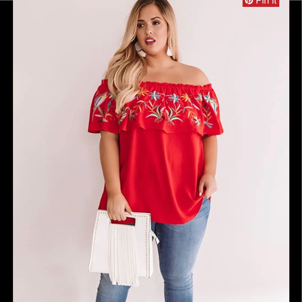 Sunset Palms Embroidered Top In Red
